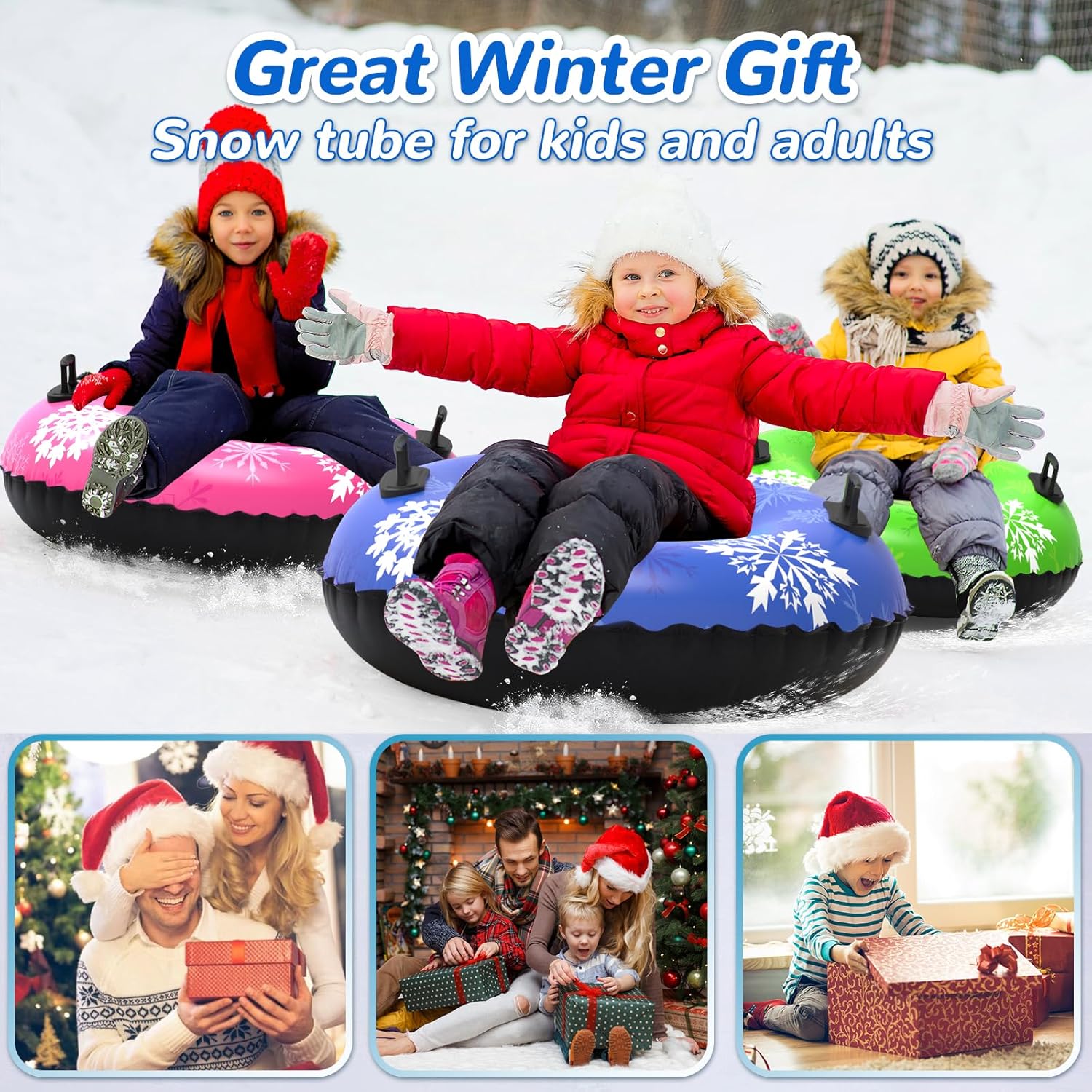 Pack of 3 Color Green red and Blue Snow Tube, 3Packs for The Whole Family Inflatable Snow Sled for Kids and Adult, Thickened Heavy Duty Hard Bottom Sleds for Snow with Handles, Winter Toys for Outdoor Sledding Snow Tube Sports